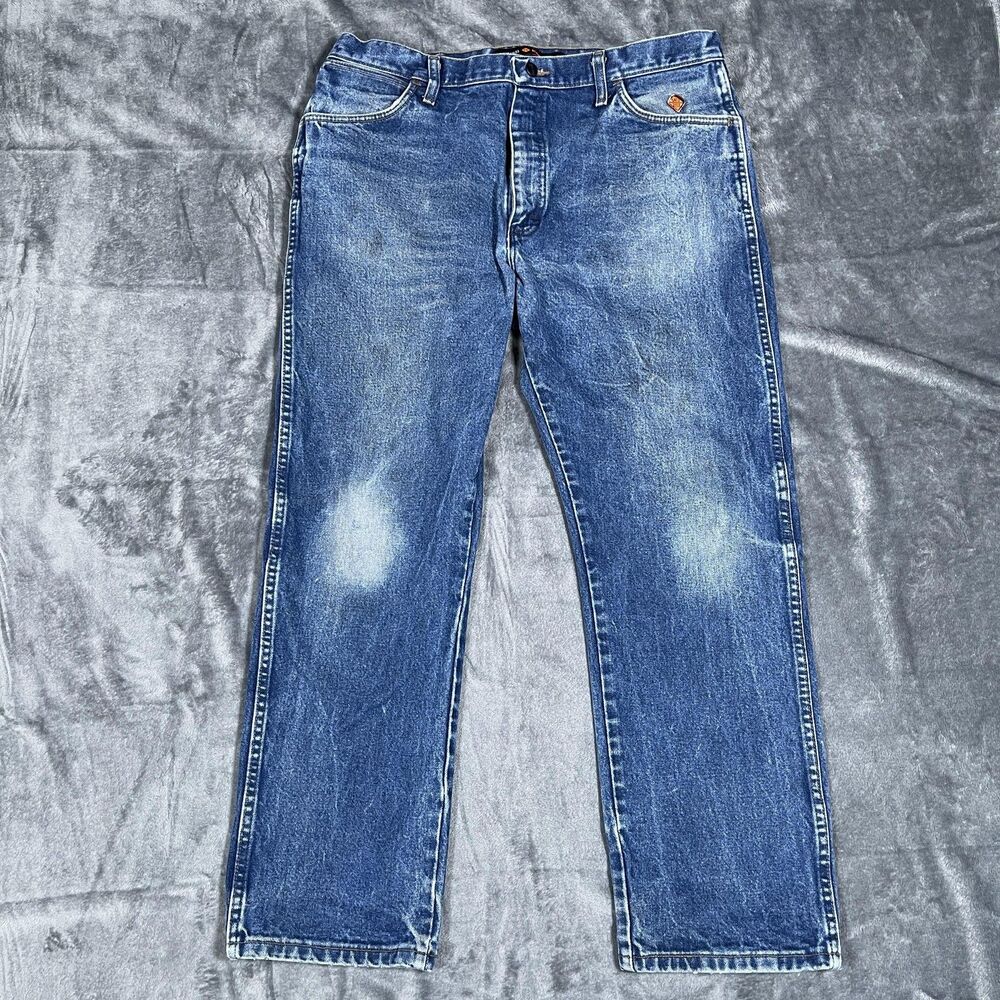 Wrangler FR Straight Jeans Mens 38x30 Blue Medium Wash Flame Resistant Workwear